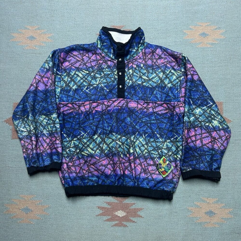 Vintage fleece pullover jacket abstract multicolor Snap T style youth medium